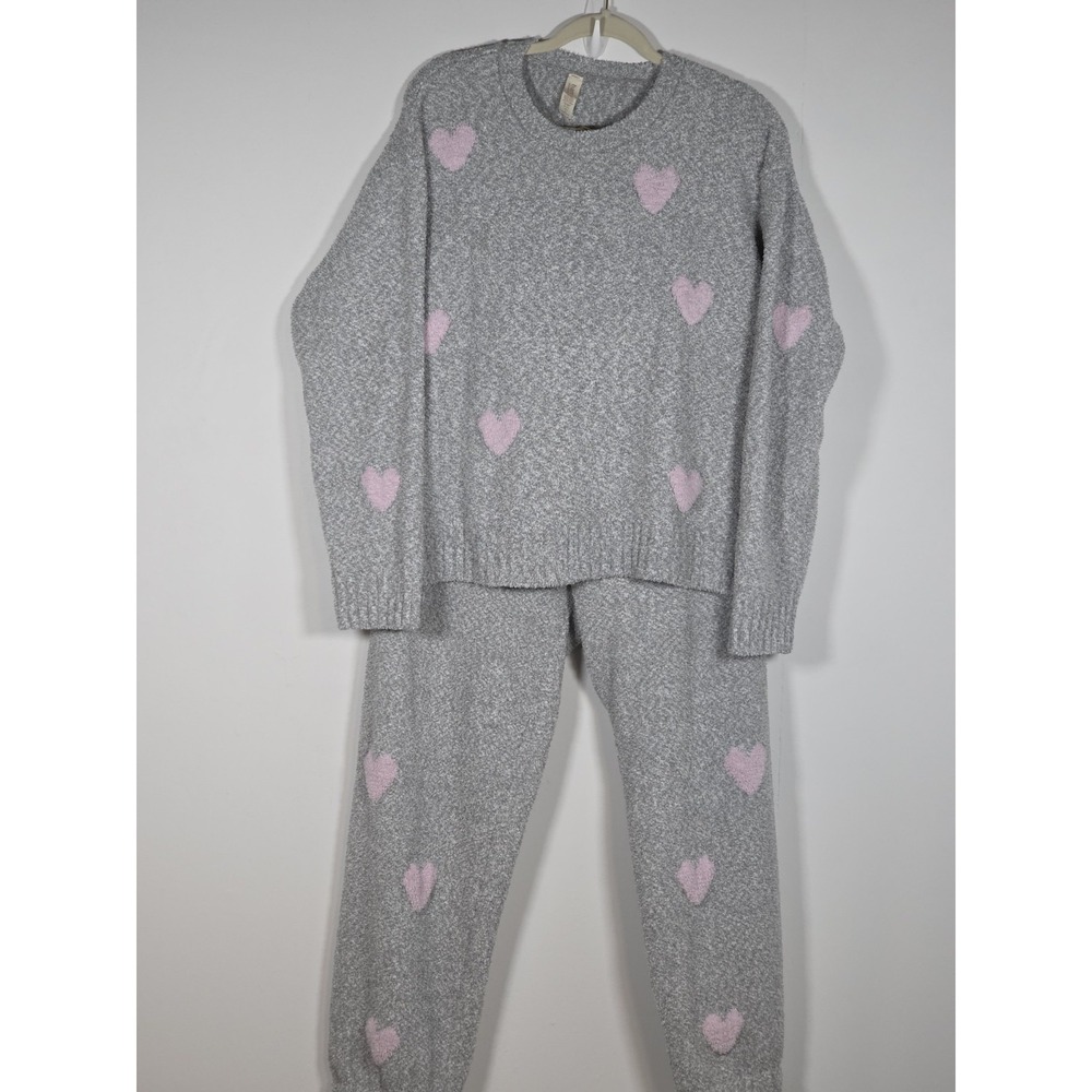 Bare Womens XL Heart Print Lounge Set Two Piece Gray Pink Knit Pajamas Cozy Soft